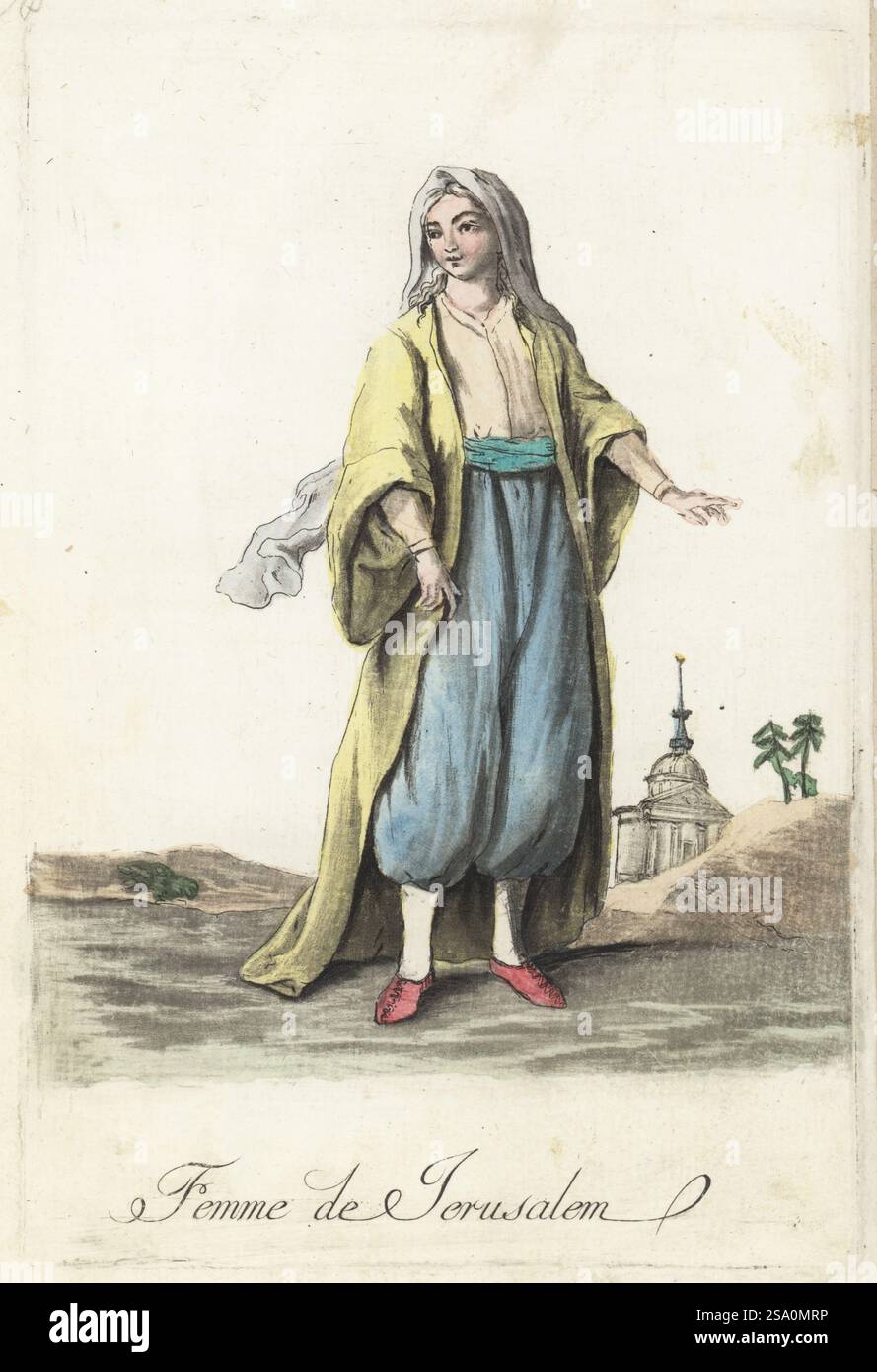 Costume di una donna araba di Gerusalemme, Palestina. Indossa velo lungo, cappotto lungo, camicetta, cintura a fascia e pantaloni harem. Femme de Jerusalem. Incisione in rame colorata a mano di Jacques Grasset de Saint-Sauveur dai costumi civici actuels de tous les peuples connus di Sylvain Marechal, dessines d’apres nature, costumi civili attuali di tutti i popoli conosciuti, tratti dalla natura, Chez Pavard, Parigi, 1788. Foto Stock