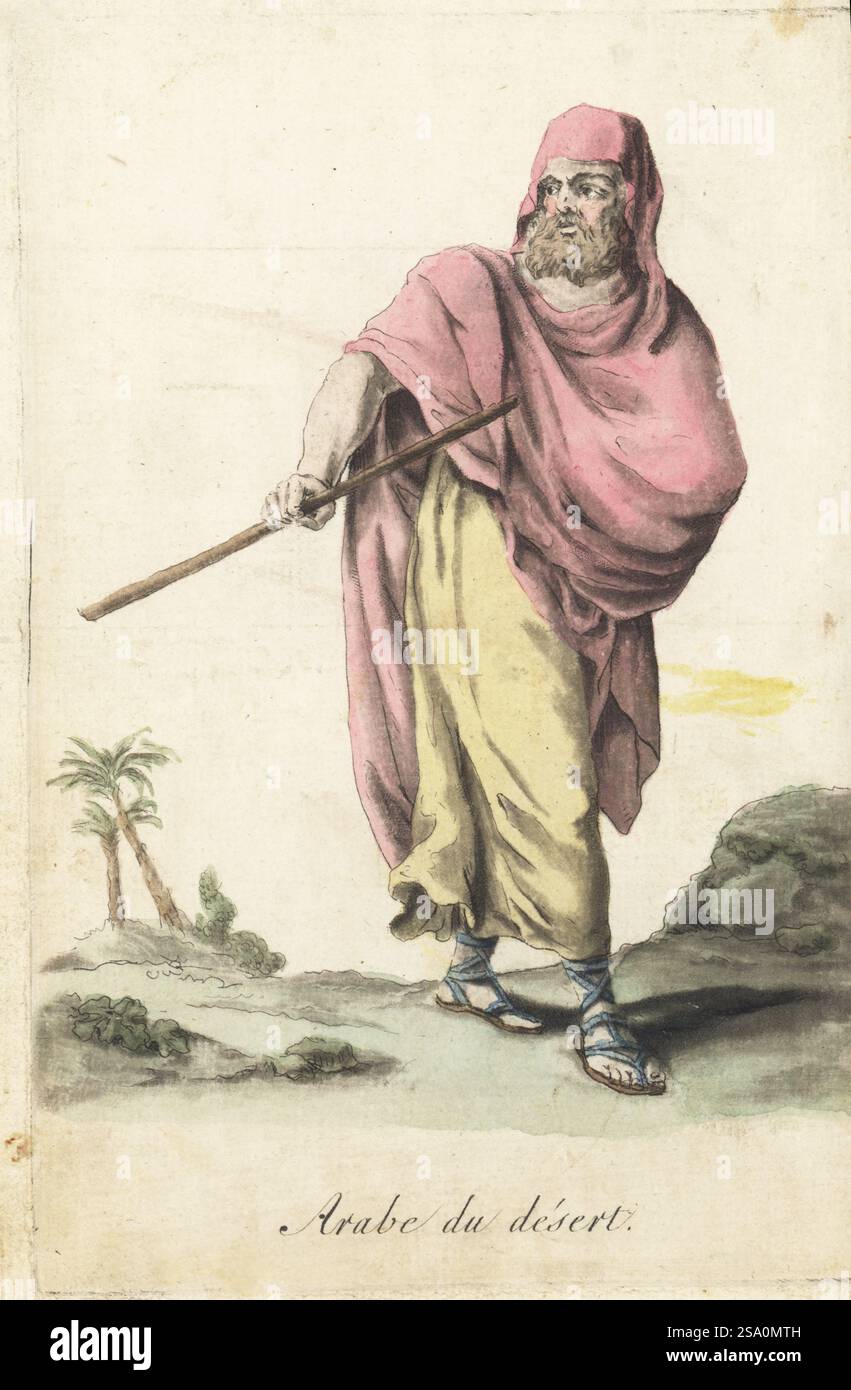 Arabo beduino del deserto, Arabia. Indossa una barba folta, un lungo mantello sopra una veste e sandali, tiene un bastone. Arabe du Desert. Incisione in rame colorata a mano di Jacques Grasset de Saint-Sauveur dai costumi civici actuels de tous les peuples connus di Sylvain Marechal, dessines d’apres nature, costumi civili attuali di tutti i popoli conosciuti, tratti dalla natura, Chez Pavard, Parigi, 1788. Foto Stock