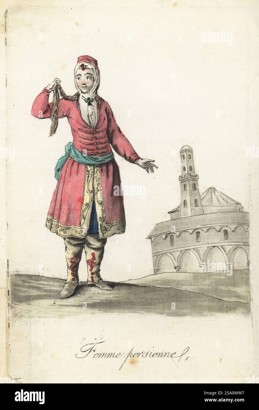 Costume di una donna persiana, Persia. Indossa i suoi lunghi capelli all'esterno di un velo e un wimple hijab, un cappotto con bordi ricamati e raggrinziti, stivali in pelle. Una moschea con minareto sullo sfondo. Femme Persienne. Incisione in rame colorata a mano di Jacques Grasset de Saint-Sauveur dai costumi civici actuels de tous les peuples connus di Sylvain Marechal, dessines d’apres nature, costumi civili attuali di tutti i popoli conosciuti, tratti dalla natura, Chez Pavard, Parigi, 1788. Foto Stock