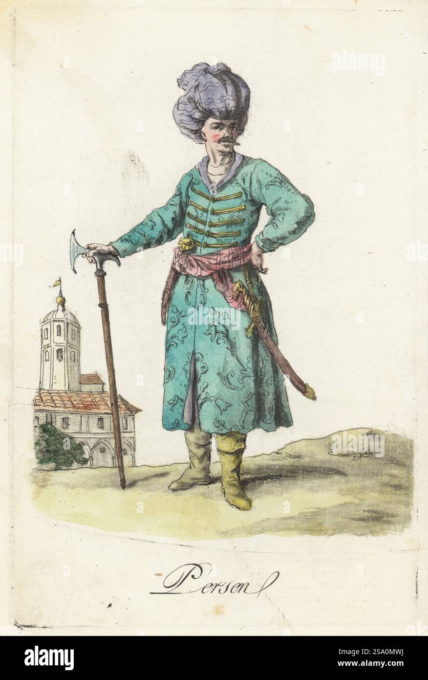Costume di un uomo persiano o Guebre, Persia, XVIII secolo. In grande turbante, cappotto in broccato con rana, stivali in pelle, cintura, armato di scimmia, pugnale e ascia. Persen. Incisione in rame colorata a mano di Jacques Grasset de Saint-Sauveur dai costumi civici actuels de tous les peuples connus di Sylvain Marechal, dessines d’apres nature, costumi civili attuali di tutti i popoli conosciuti, tratti dalla natura, Chez Pavard, Parigi, 1788. Foto Stock