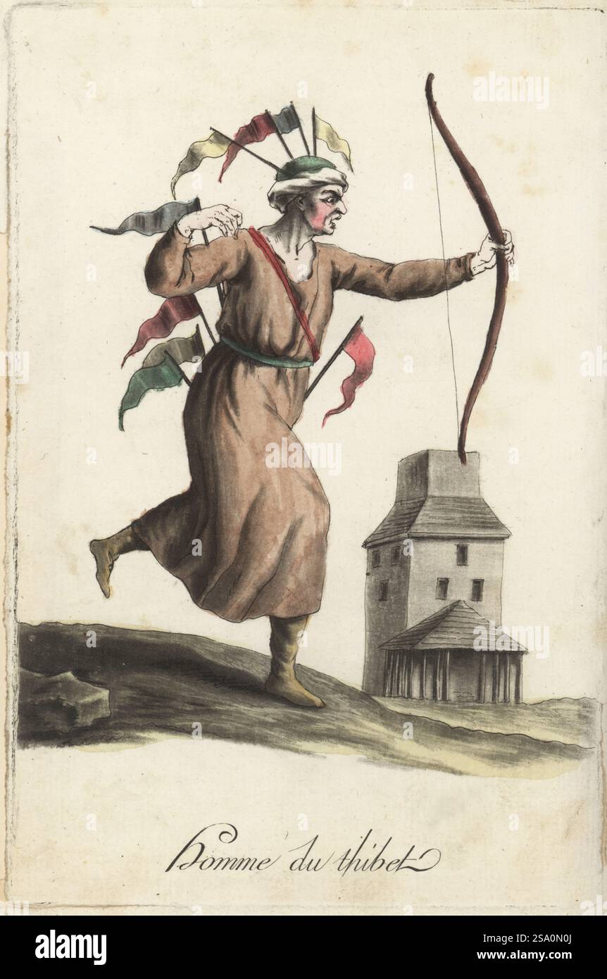 arciere tibetano che spara una freccia, Tibet. Indossa un berretto e una lunga tunica decorata con pennant, e ha appena sparato una freccia da un breve arco di bambù. Homme du Thibet. Incisione in rame colorata a mano di Jacques Grasset de Saint-Sauveur dai costumi civici actuels de tous les peuples connus di Sylvain Marechal, dessines d’apres nature, costumi civili attuali di tutti i popoli conosciuti, tratti dalla natura, Chez Pavard, Parigi, 1788. Foto Stock