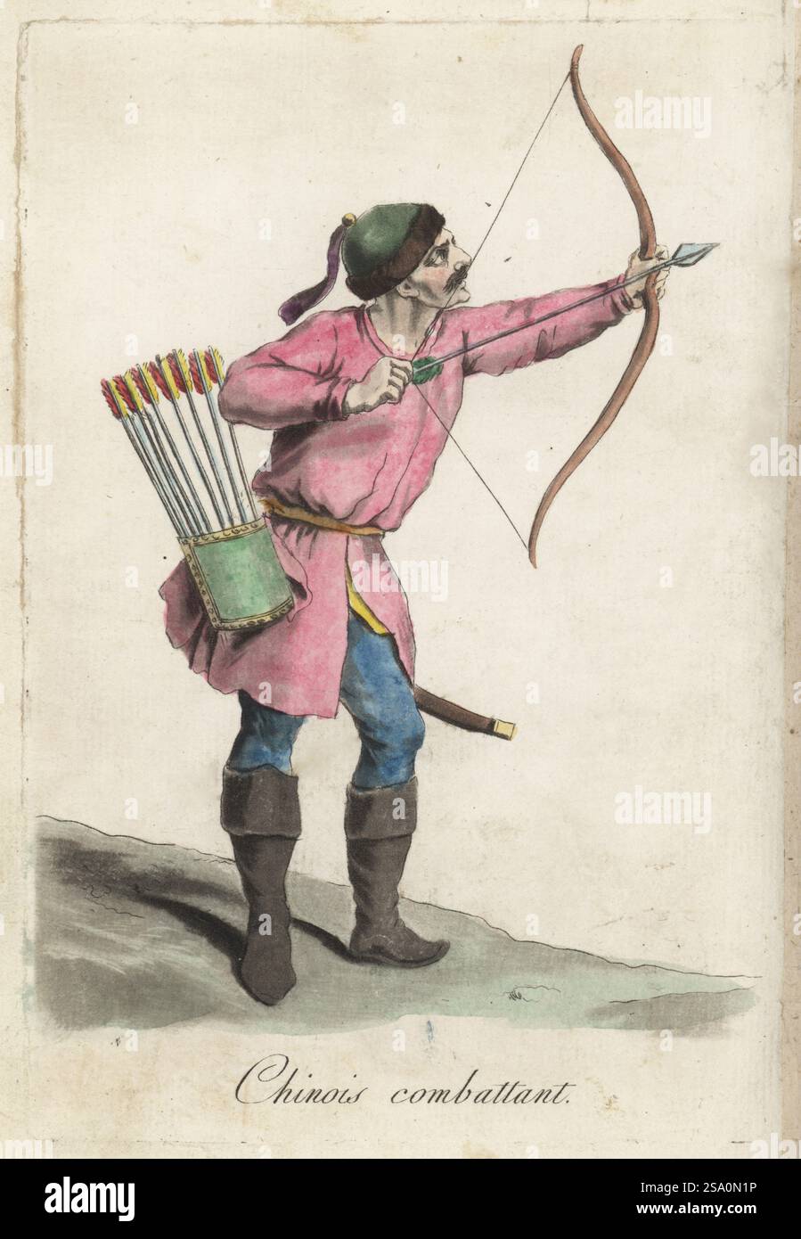 Chinese archer, Cina. In berretto con finiture in pelliccia e coda, giacca, pantaloni e stivali, armati di fiocco e freccia, faretra o frecce e spada. Combattente di Chinois. Incisione in rame colorata a mano di Jacques Grasset de Saint-Sauveur dai costumi civici actuels de tous les peuples connus di Sylvain Marechal, dessines d’apres nature, costumi civili attuali di tutti i popoli conosciuti, tratti dalla natura, Chez Pavard, Parigi, 1788. Foto Stock