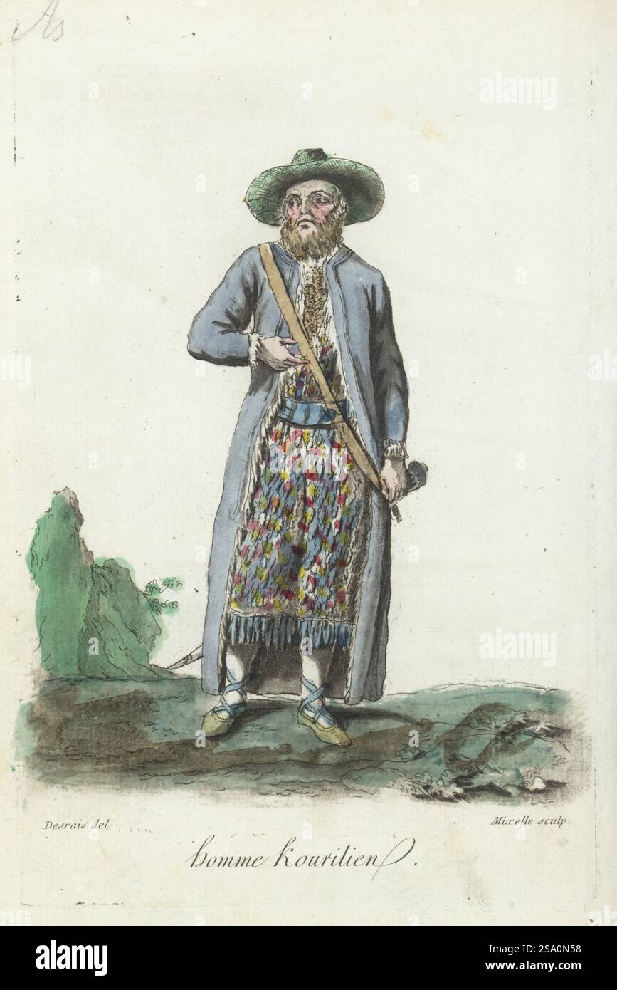 Nativo Ainu uomo delle Isole Curili. Uomo con barba intera, cappello a canna intrecciata, cappotto foderato con pelliccia, abito di cigno e gattino, scarpe con lacci. È armato di una spada giapponese. Homme Kourilien. Incisione su lastra di rame colorata a mano di Jean-Marie Mixelle su disegno di Claude-Louis Desrais dopo un'illustrazione originale di Jacques Grasset de Saint-Sauveur dai costumi civici di Sylvain Marechal actuels de tous les peuples connus, dessines d'apres nature, costumi civili attuali di tutti i popoli conosciuti, tratti dalla natura, Chez Pavard, Parigi, 1788. Foto Stock