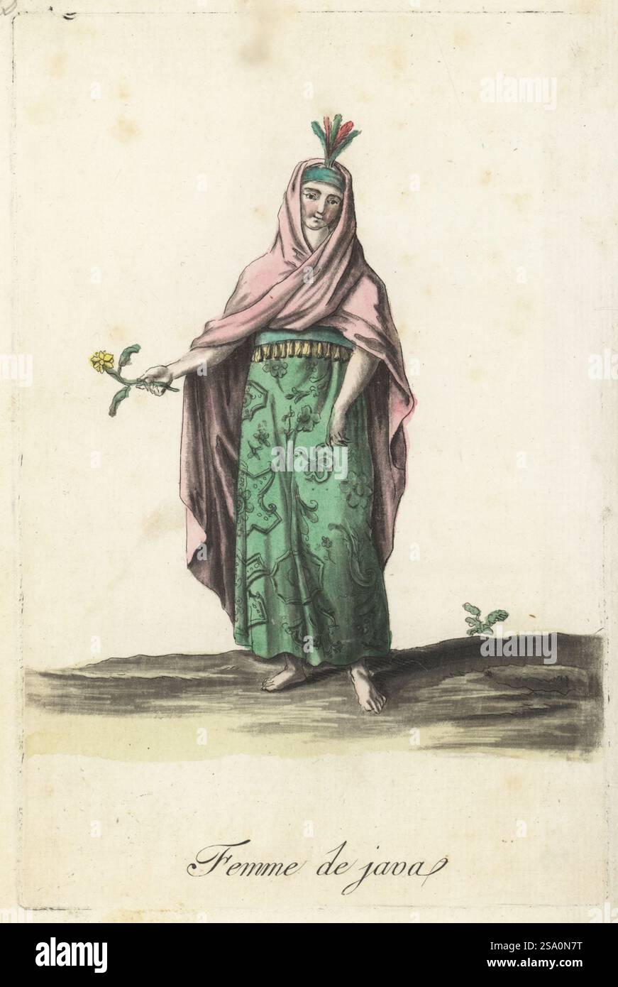 Costume di una donna giavanese, Indonesia. Indossa un berretto con piume, un lungo mantello sulla testa e sulle spalle, coprendo un kebaya, sarong in cotone stampato batik. Femme de Java. Incisione in rame colorata a mano di Jacques Grasset de Saint-Sauveur dai costumi civici actuels de tous les peuples connus di Sylvain Marechal, dessines d’apres nature, costumi civili attuali di tutti i popoli conosciuti, tratti dalla natura, Chez Pavard, Parigi, 1788. Foto Stock