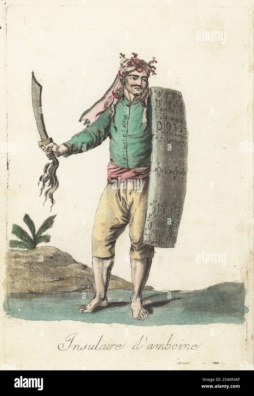 Guerriero nativo dell'isola di Ambon, delle isole Maluku, Indonesia. Indossa un copricapo di cotone intrecciato con rami, giacca, cintura e pantaloni. È armato di una cutlass e di uno scudo di legno scolpito. Insulario d'Amboine. Incisione in rame colorata a mano di Jacques Grasset de Saint-Sauveur dai costumi civici actuels de tous les peuples connus di Sylvain Marechal, dessines d’apres nature, costumi civili attuali di tutti i popoli conosciuti, tratti dalla natura, Chez Pavard, Parigi, 1788. Foto Stock