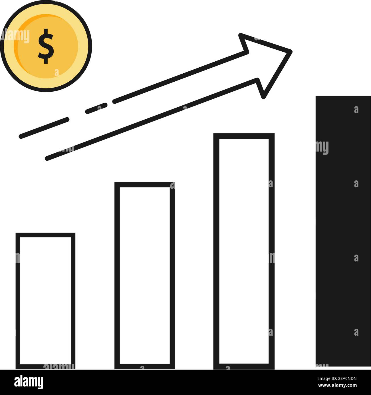 Moneta con il simbolo del dollaro che sale al di sopra del grafico a barre crescente. Illustrazione Vettoriale