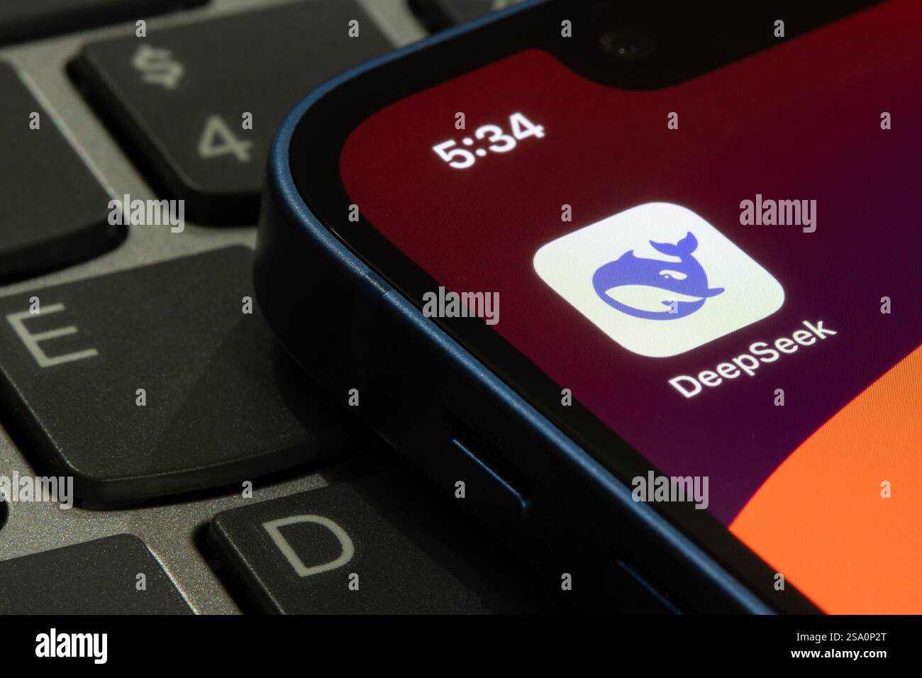 L'icona dell'app DeepSeek viene visualizzata sullo schermo di un iPhone. DeepSeek è una startup cinese di intelligenza artificiale con sede a Hangzhou. Foto Stock