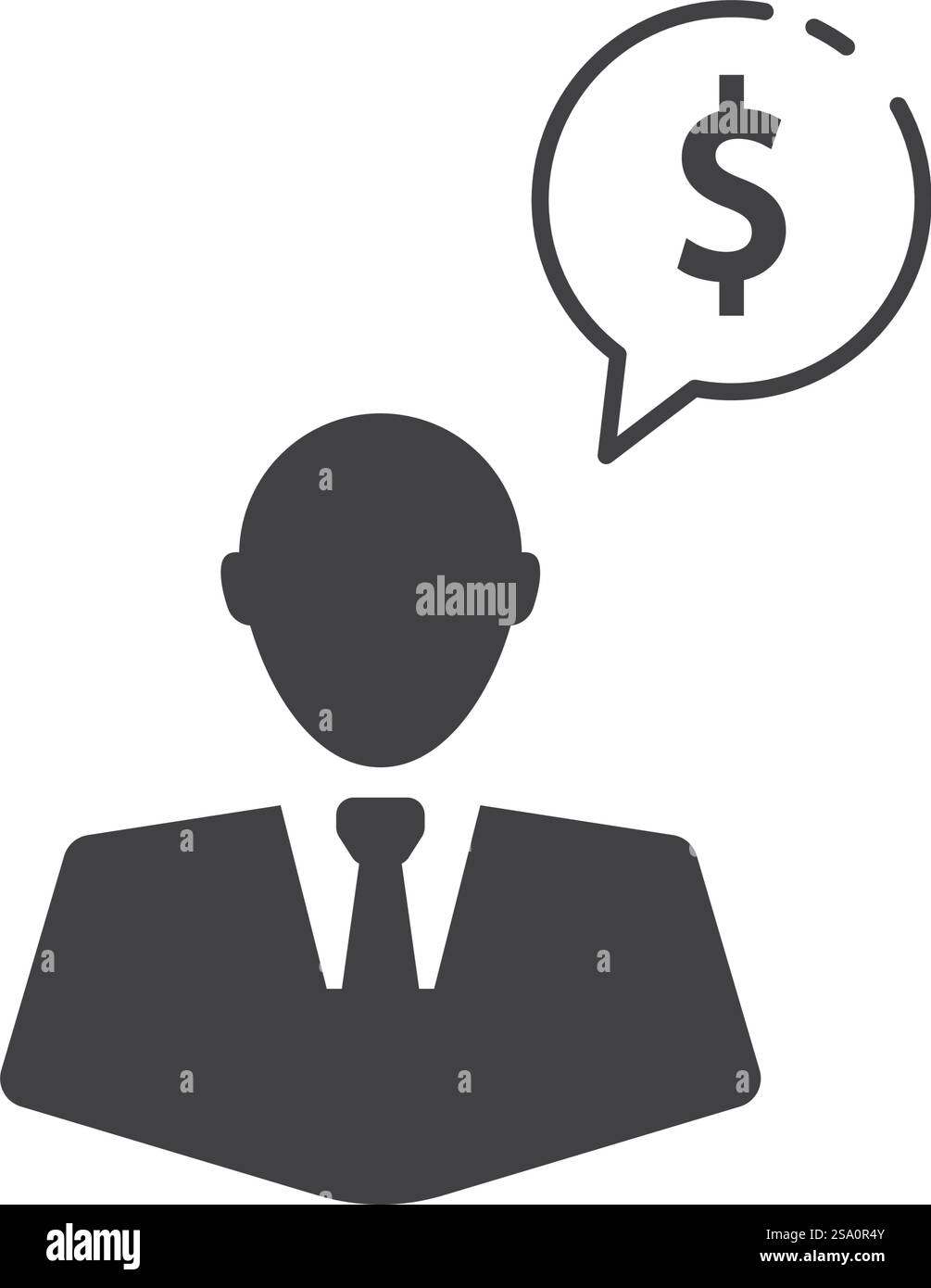 Uomo d'affari con la bolla di pensiero contenente il simbolo del dollaro. Illustrazione Vettoriale