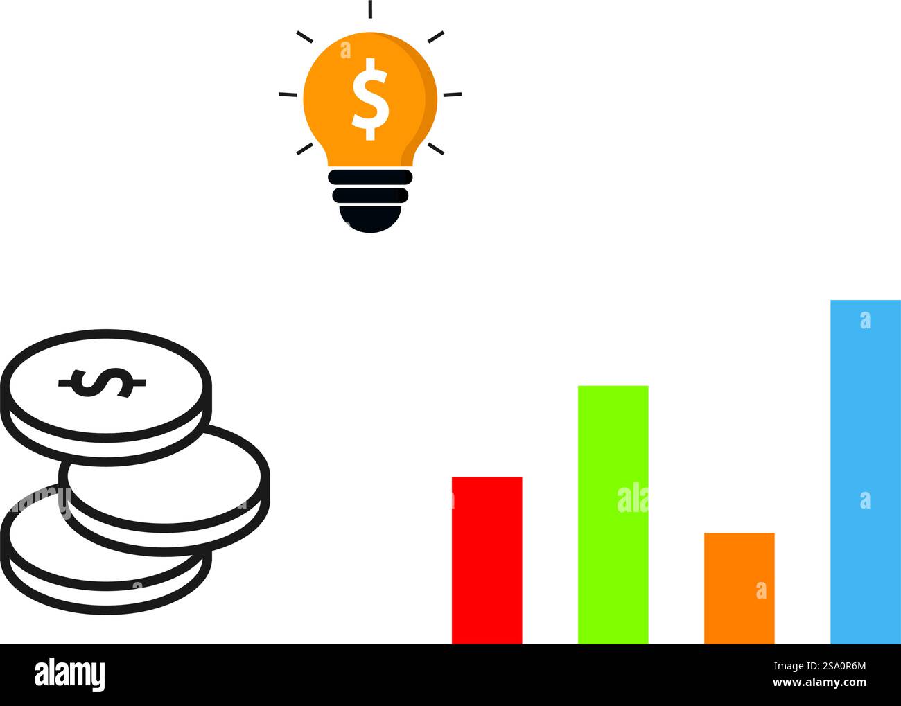 Moneta con il simbolo del dollaro che sale al di sopra del grafico a barre crescente. Illustrazione Vettoriale