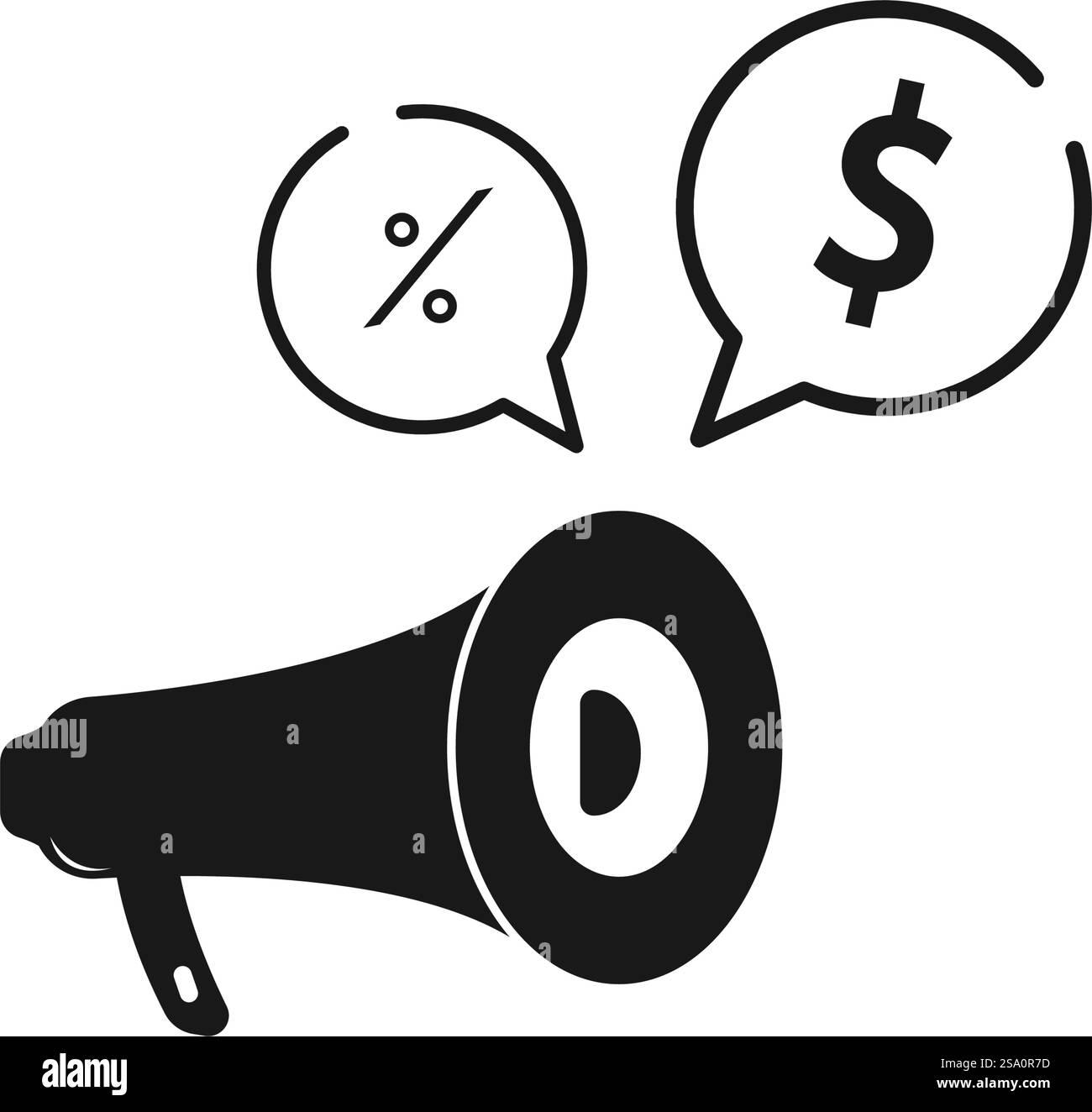 Megafono con bolle vocali con segni di percentuale e dollari Illustrazione Vettoriale