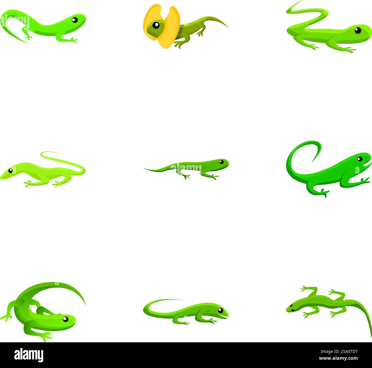Set icone lucertola verde. Set cartoni animati di 9 icone vettoriali verdi per il web design isolate su sfondo bianco. Set di icone di lucertola verde, stile cartoni animati Illustrazione Vettoriale