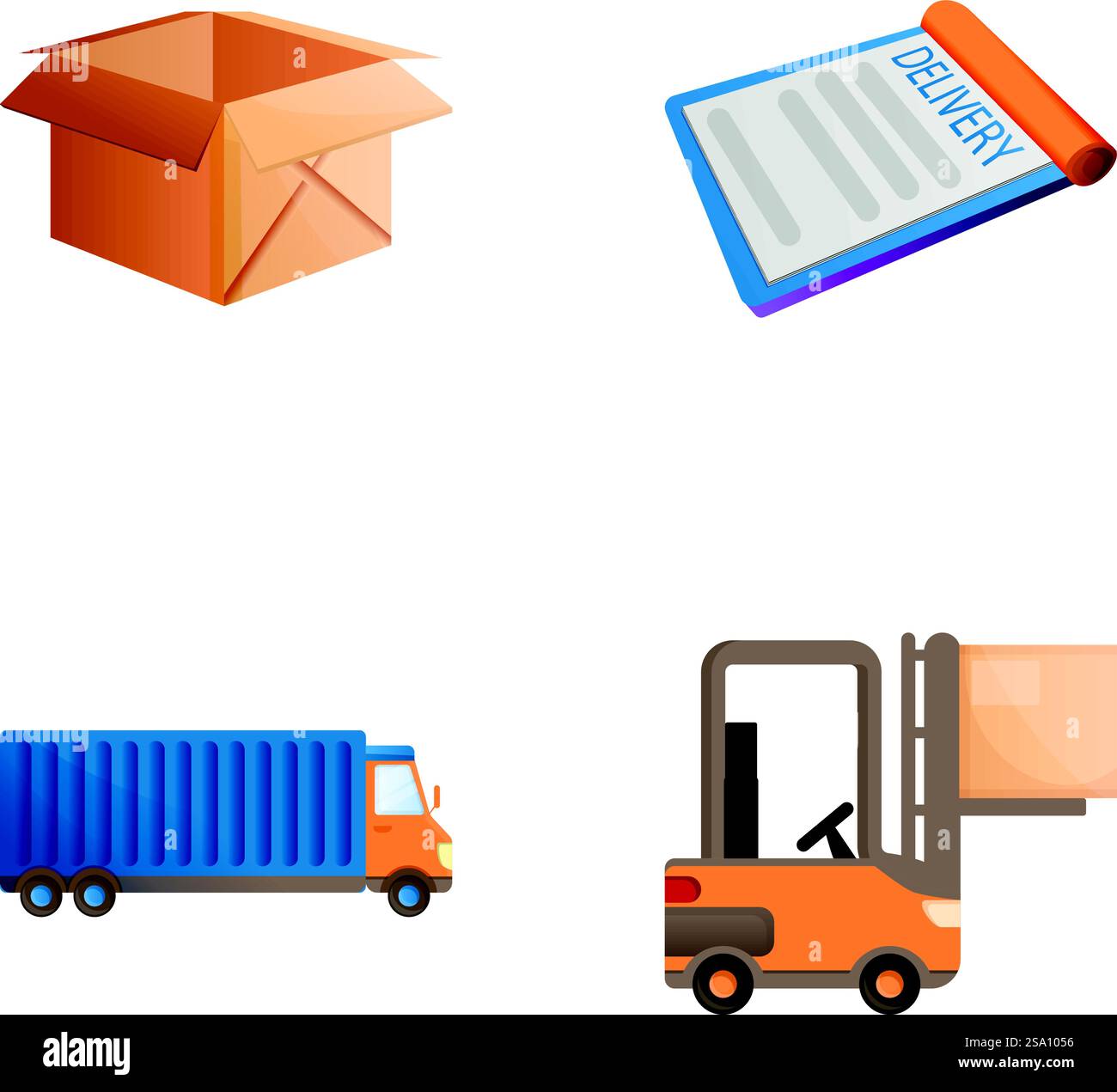 Le icone di consegna del magazzino impostano il vettore dei cartoni animati. Trasporto di merci. Logistica. Le icone di consegna del magazzino impostano il vettore dei cartoni animati. Trasporto di merci Illustrazione Vettoriale