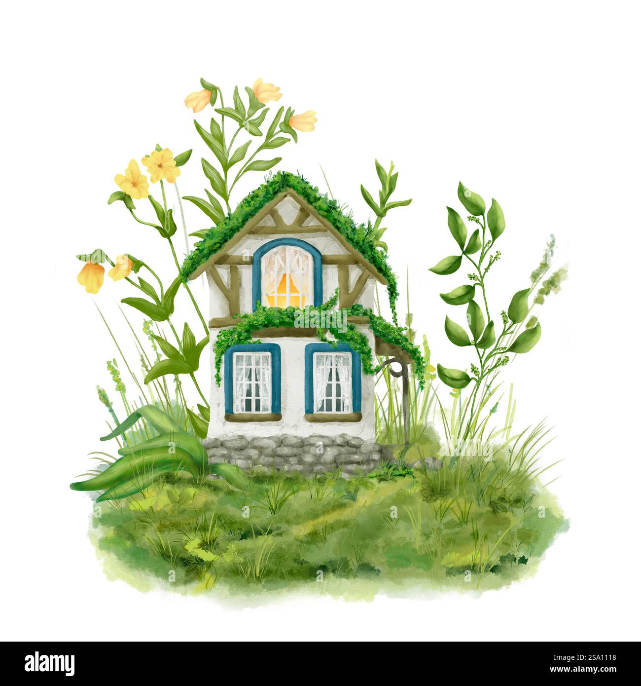 Accogliente casa in pietra con travi in legno e un piccolo balcone. Illustrazione digitale acquerello. Tetto ricoperto di erba, fiori della foresta e rami con lea Foto Stock