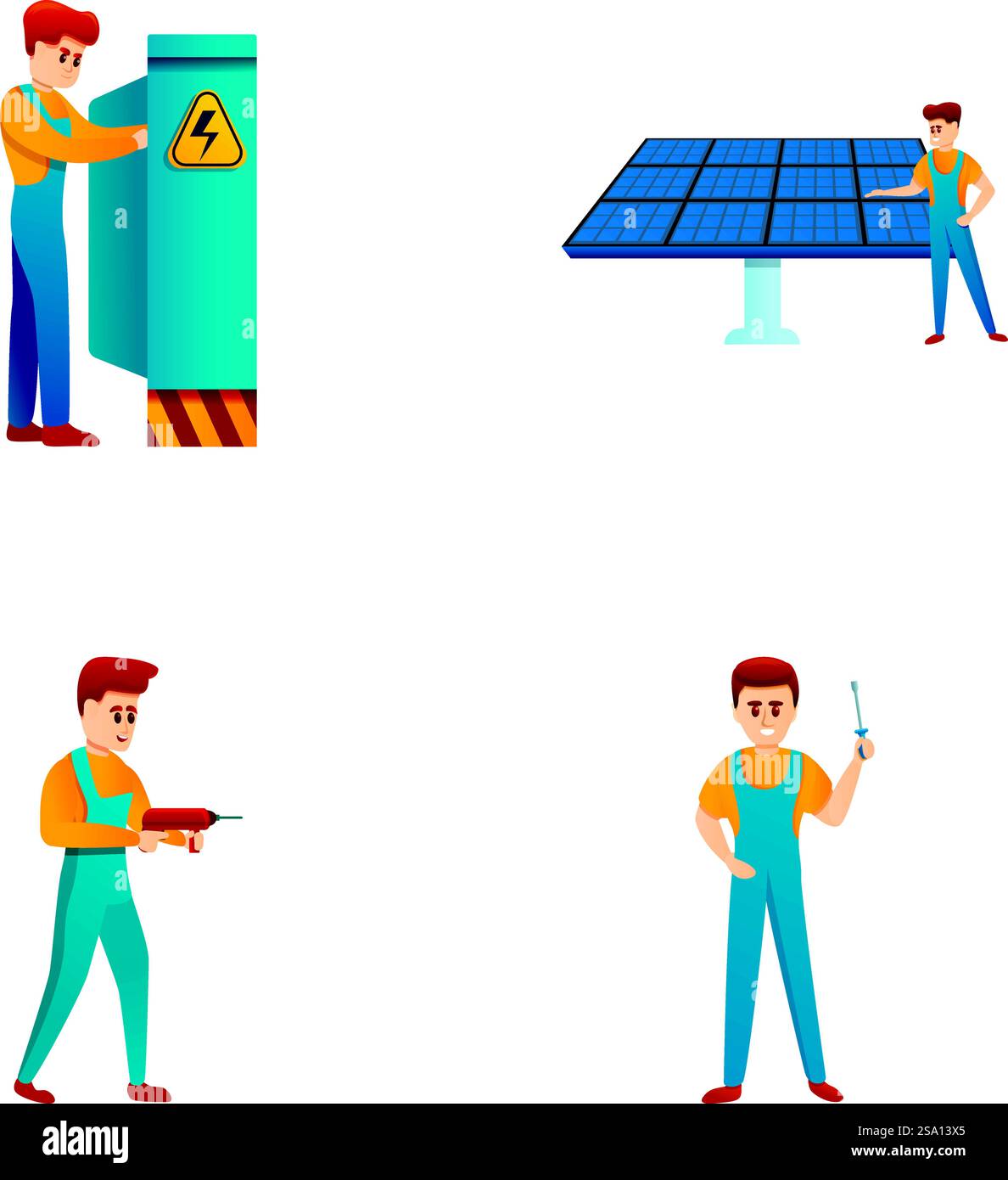 Le icone dei riparatori impostano il vettore dei cartoni animati. Intervento di manutenzione della scheda di commutazione e pannello solare. Carattere tecnico. Le icone dei riparatori impostano il vettore dei cartoni animati. Intervento di manutenzione della scheda di commutazione e pannello solare Illustrazione Vettoriale