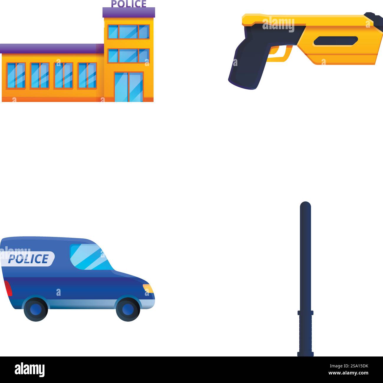 Le icone dei servizi di polizia impostano il vettore dei cartoni animati. Edificio della polizia, auto e armi. Protezione dell'ordine pubblico. Le icone dei servizi di polizia impostano il vettore dei cartoni animati. La polizia costruisce auto e armi Illustrazione Vettoriale