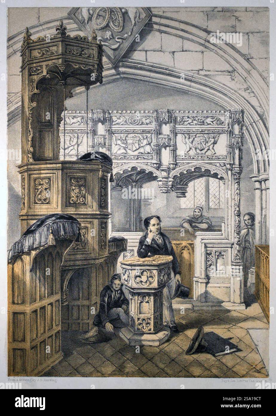 Illustrazione tratta da un libro: Le sale baronali e gli antichi pittoreschi edifici dell'Inghilterra, vol. 2. Pubblicato nel 1858. La chiesa del Priorato di Boxgrove risale al XII secolo. Faceva parte dell'abbazia benedettina di Lessay fino alla sua dissoluzione nel 1536. Foto Stock