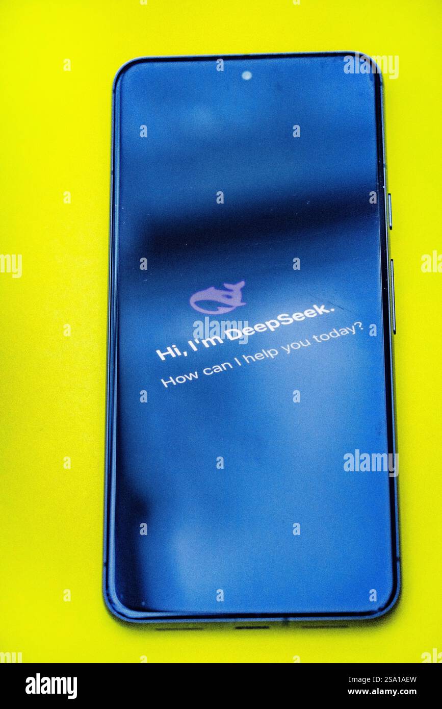 Londra, Regno Unito. 28 gennaio 2025. DeepSeek su uno smartphone. Il successo del nuovo chatbot cinese di intelligenza artificiale DeepSeek fa precipitare le scorte tecnologiche in tutto il mondo. Il nuovo chatbot minaccia di abbinare le prestazioni dei principali concorrenti globali a un costo inferiore. Foto Stock
