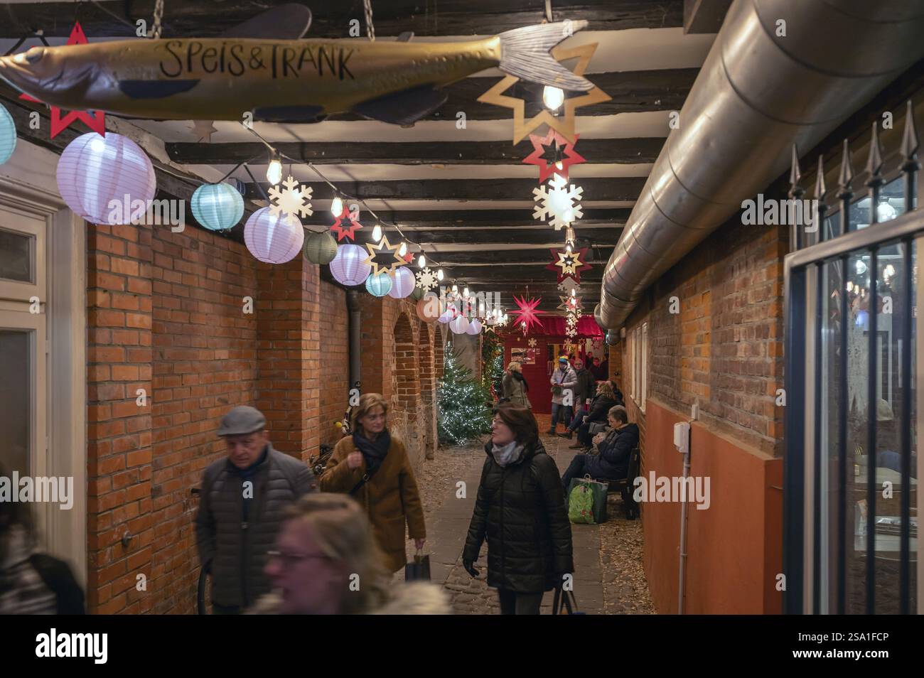 Decorazioni natalizie nella zona pedonale, Lueneburg, bassa Sassonia, Germania, Europa Foto Stock