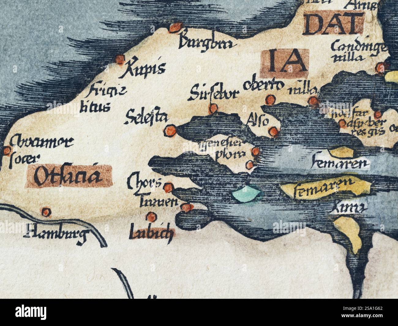 Dettagli dall'antica mappa storica della Scandinavia Norbegia e Gottia con Danimarca e Germania, di Lorenz Fries, Claudius Clavus e Martin Waldseemuell Foto Stock