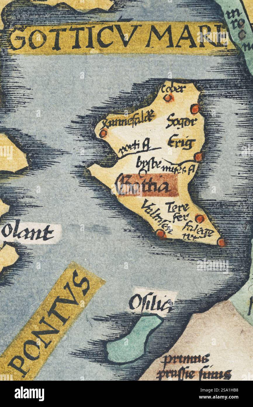 Gotland, dettaglio da un'antica mappa storica della Scandinavia Norbegia & Gottia di Lorenz Fries, Claudius Clavus e Martin Waldseemueller, vecchio colore Foto Stock