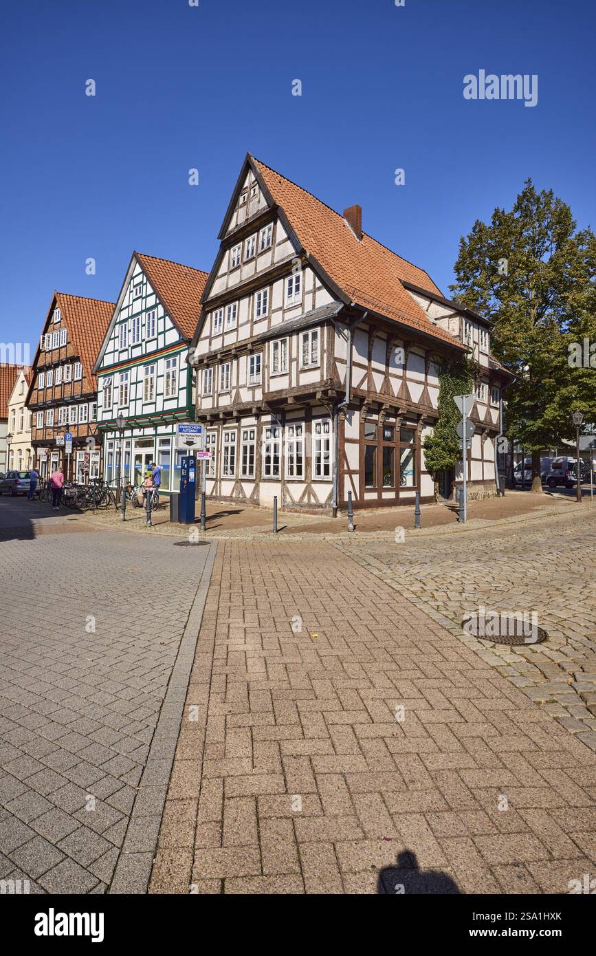 Storiche case in legno, alberi, cielo azzurro senza nuvole, attraversano via Kleiner Plan con am heiligen Kreuz, celle, Lueneburger Heide, quartiere di C. Foto Stock