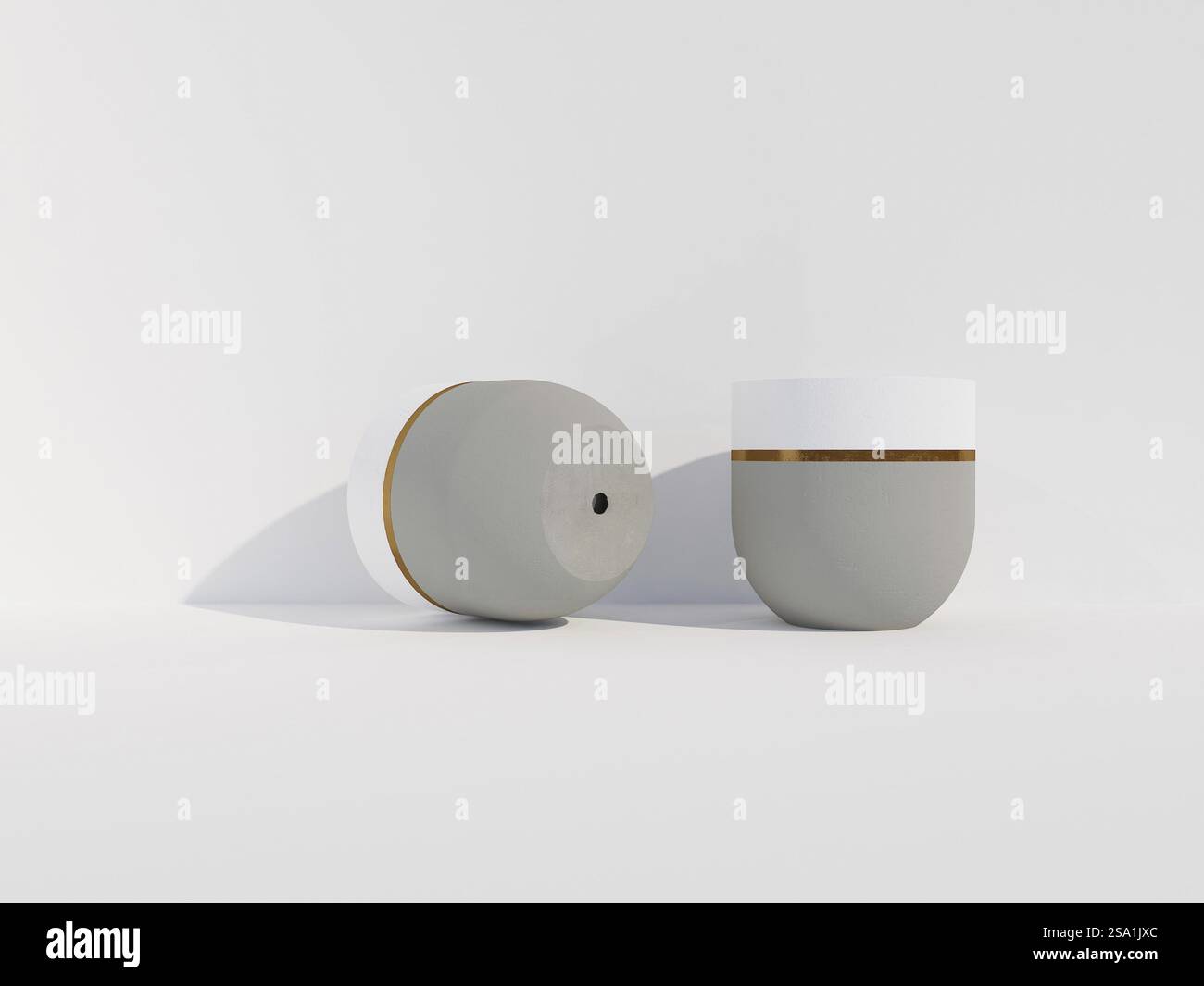 Grandi contenitori dal design minimalista con un'estetica pulita e moderna in grigio e bianco Foto Stock