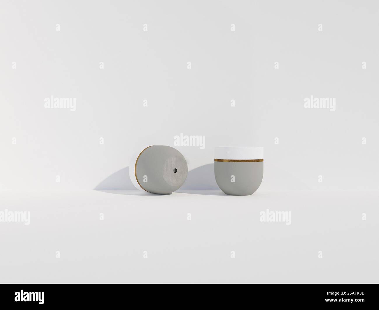 Due contenitori minimalisti con uno schema colore grigio e bianco in un'estetica moderna Foto Stock
