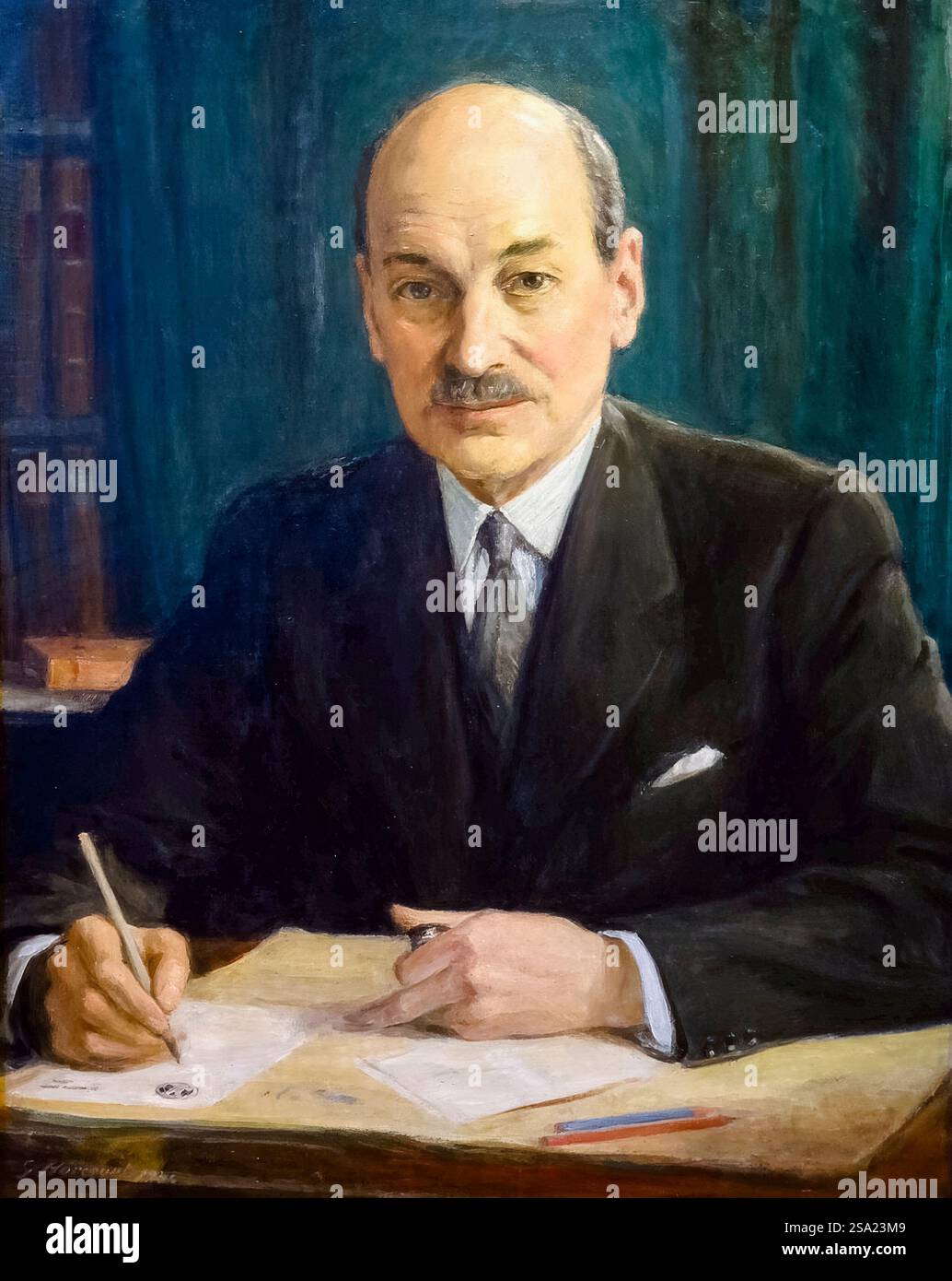 Clement Attlee. Ritratto del politico britannico Clement Richard Attlee, i conte Attlee (1883-1967), primo ministro del Regno Unito 1945-1951, leader del Partito Laburista 1935-1955, dipinto ad olio su tela di George Harcourt (1868-1947), 1946 Foto Stock