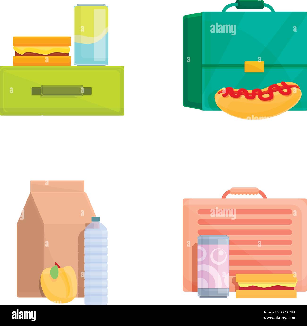 Le icone del pranzo scolastico impostano il vettore dei cartoni animati. Contenitore con snack fatti in casa e frutta. Cibo confezionato. Le icone del pranzo scolastico impostano il vettore dei cartoni animati. Contenitore con snack fatti in casa e frutta Illustrazione Vettoriale