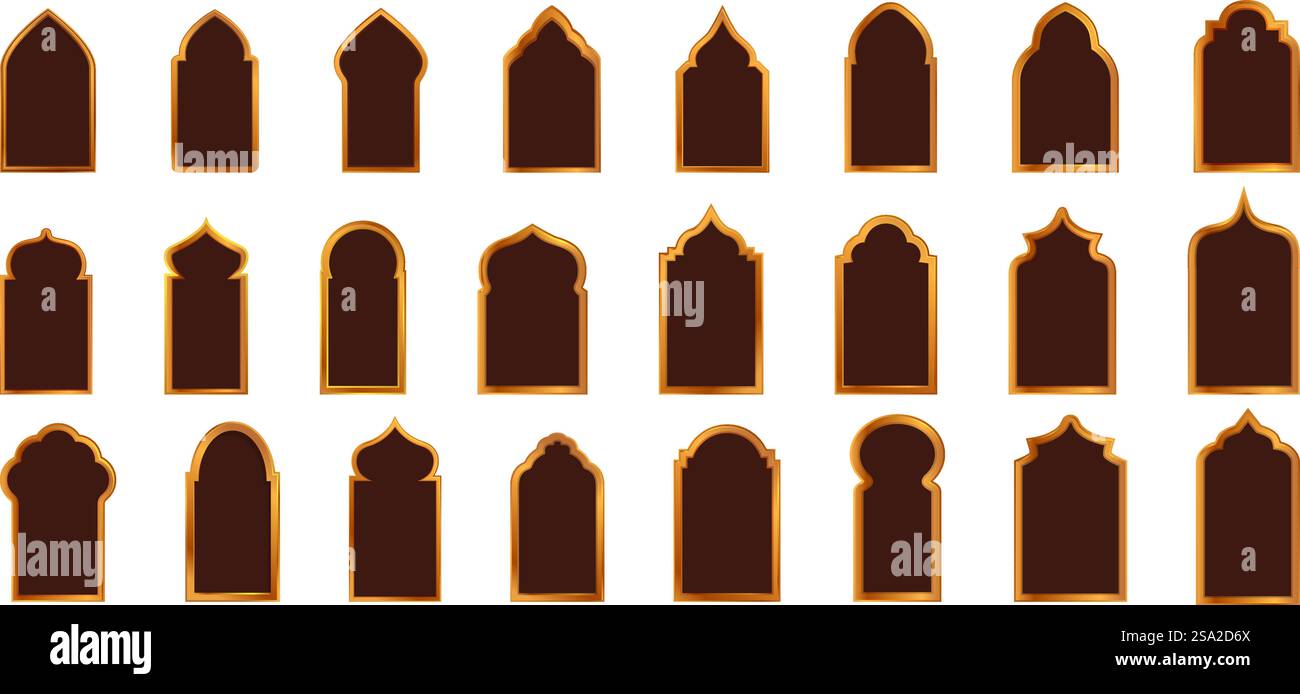 Sagomare le icone della finestra islamica impostare il vettore dei cartoni animati. Elemento telaio. Arco arabo. Sagomare le icone della finestra islamica impostare il vettore dei cartoni animati. Elemento telaio Illustrazione Vettoriale