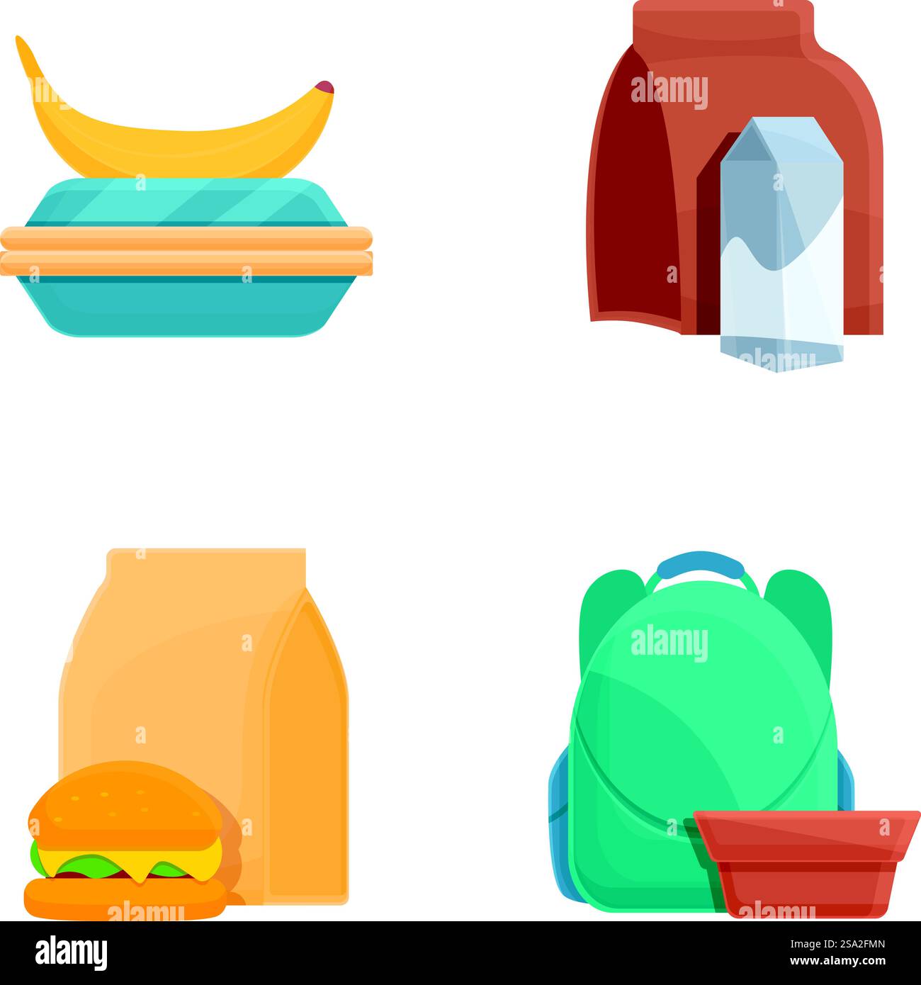 Le icone della colazione scolastica impostano il vettore dei cartoni animati. Pranzo al sacco con vari piatti. Cibo confezionato. Le icone della colazione scolastica impostano il vettore dei cartoni animati. Pranzo al sacco con vari piatti Illustrazione Vettoriale