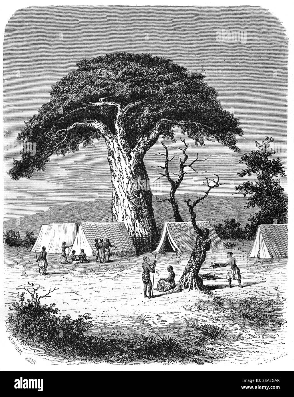 Campo o accampamento nella savana, savana o boscaglia sotto un albero di Baobab nell'Africa centrale durante la spedizione Speke e Grant African del 1860 alle sorgenti del fiume Nilo Africa. Incisione vintage o storica o illustrazione 1864 Foto Stock