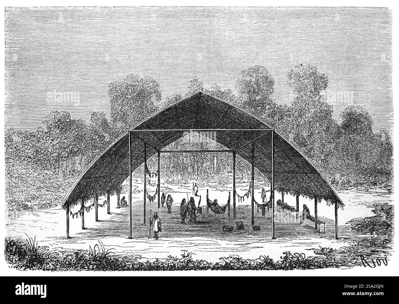 Longhouse, Long House o dimora comunale di Chontaquiros, Simiranch, Yine o Piro amerindi, nativi americani o nativi peruviani della regione amazzonica del Perù, Sud America. Incisione vintage o storica o illustrazione 1864 Foto Stock