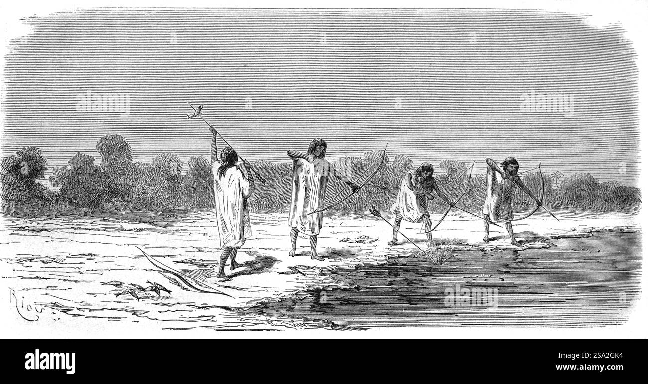 Indiani Yine o amerindi che pescano con Bows e frecce nel fiume Urubamba, in Perù. Gli Yine sono un popolo indigeno del Perù che vive lungo il fiume Urubamba nelle regioni di Cusco, Loreta e Ucayali. Sono anche conosciuti come Chontaquiro, Contaquiro, Pira, Piro, Pirro, Simiranch o Simirinche. Illustrazione o incisione vintage o storica 1864 Foto Stock