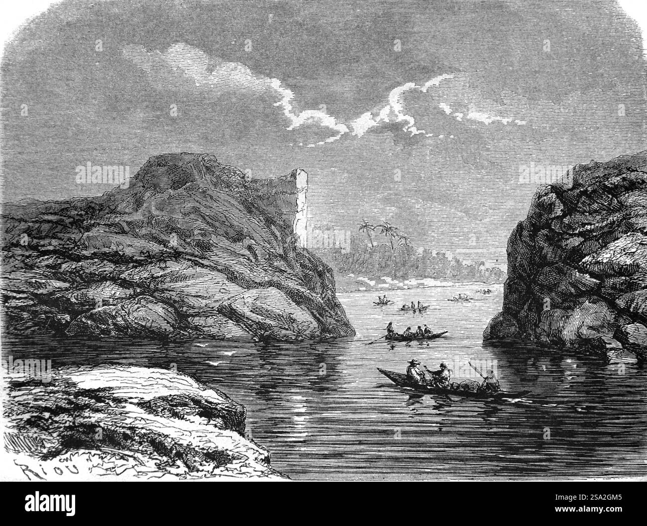 Gli indiani anti-Antis attraversano il passo del fiume Tunkini o la gola sul fiume 'Antihuaris', probabilmente il fiume Ucayali oggi, in Perù, Amazzonia, Sud America. Anti è un nome inca per gli indigeni Ashaninka o Ashaninca della foresta pluviale amazzonica del Perù e del Brasile del Sud America. Incisione vintage o storica o illustrazione 1864. Foto Stock