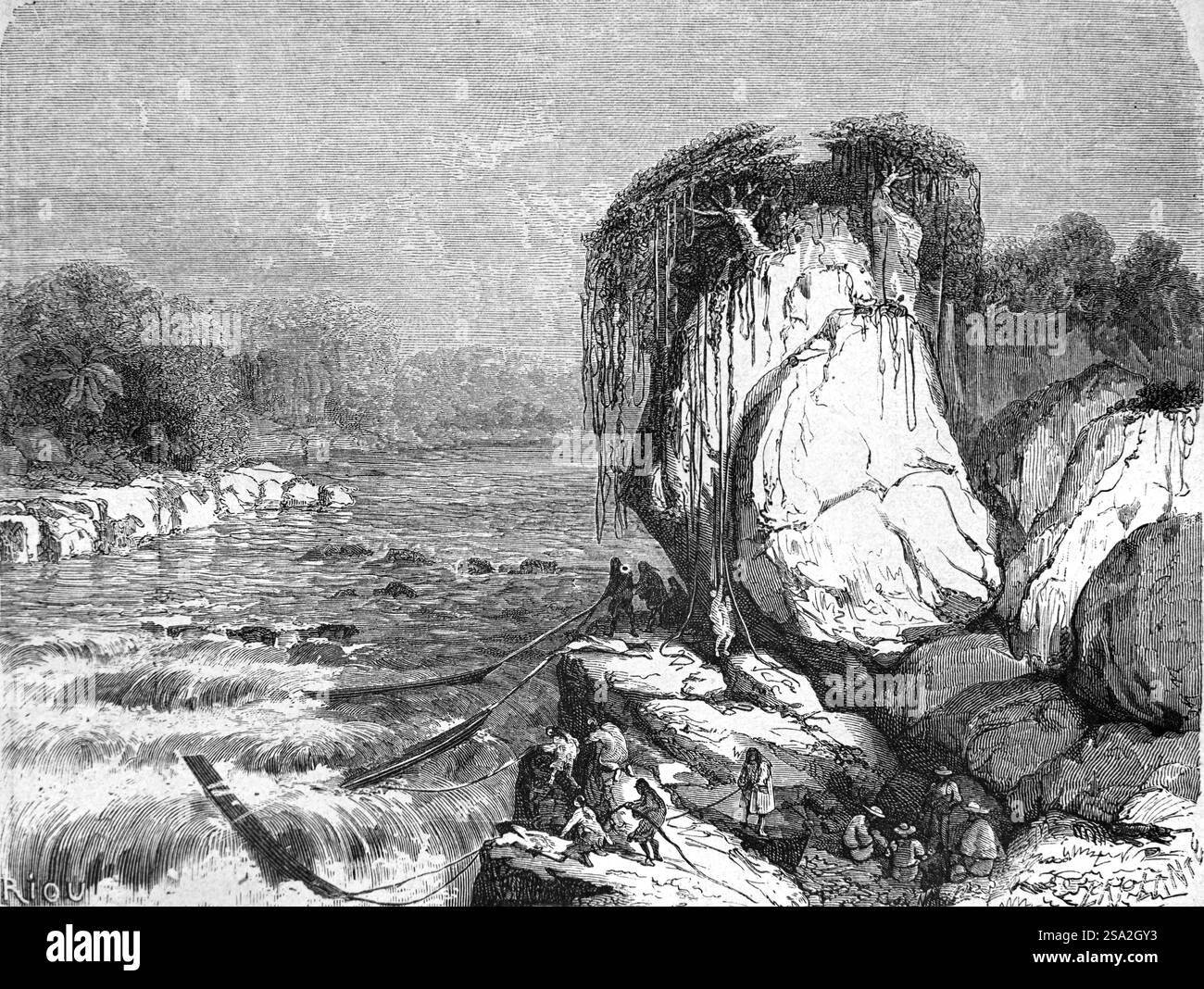 Gruppo di indiani anti-Antis, Sibucini Rocks e Sibucuni River Rapids, probabilmente il fiume Ucayali oggi, in Perù, Amazzonia, Sud America. Anti è un nome inca per gli indigeni Ashaninka o Ashaninca della foresta pluviale amazzonica del Perù e del Brasile del Sud America. Incisione vintage o storica o illustrazione 1864. Foto Stock