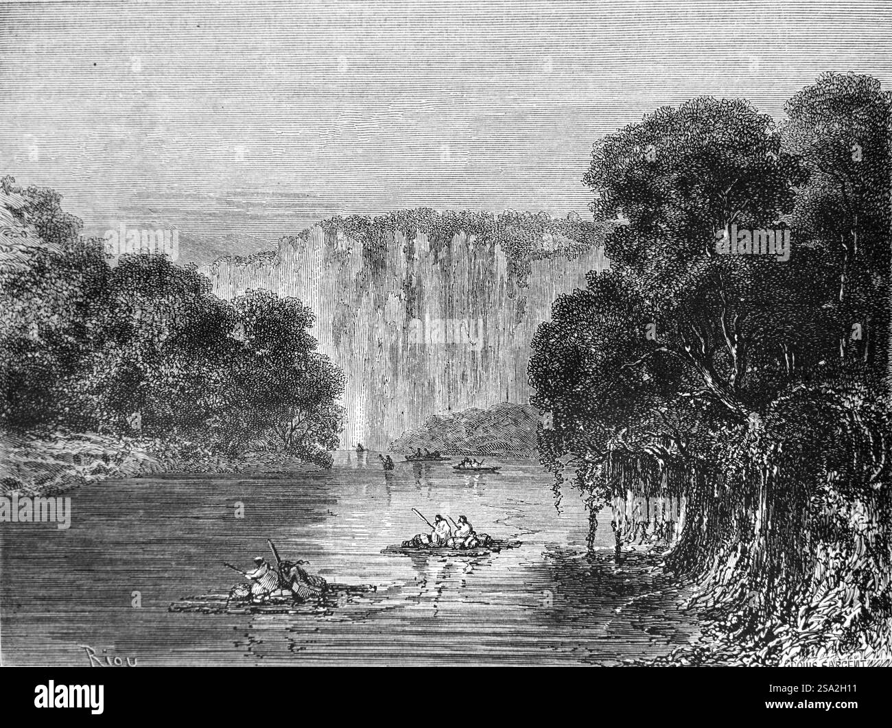 Gli indiani anti-Antis navigano nelle calme acque del fiume Biricanani, probabilmente il fiume Ucayali oggi, in Perù, Amazzonia, Sud America. Anti è un nome inca per gli indigeni Ashaninka o Ashaninca della foresta pluviale amazzonica del Perù e del Brasile del Sud America. Incisione vintage o storica o illustrazione 1864. Foto Stock
