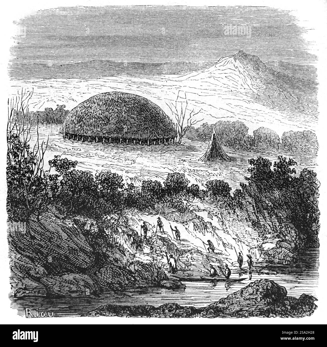 Villaggio anti-indiani e Casa Rotonda comunale a Mancureali, sul fiume Ucayali, in Perù, Amazzonia, Sud America. Anti è un nome inca per gli indigeni Ashaninka o Ashaninca della foresta pluviale amazzonica del Perù e del Brasile del Sud America. Incisione vintage o storica o illustrazione 1864. Foto Stock