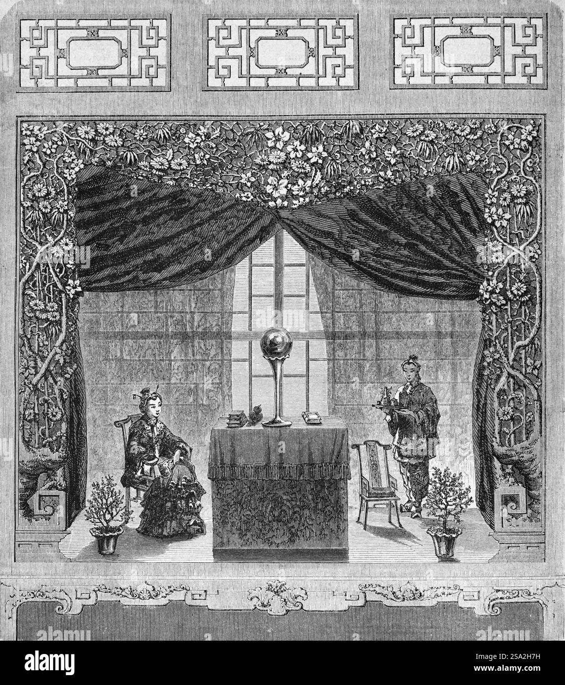 Interno del Boudoir della donna cinese, salotto o salone nella casa aristocratica, benestante o borghese Tianjin, ex Tientsin, Cina. Incisione vintage o storica o illustrazione 1864 Foto Stock