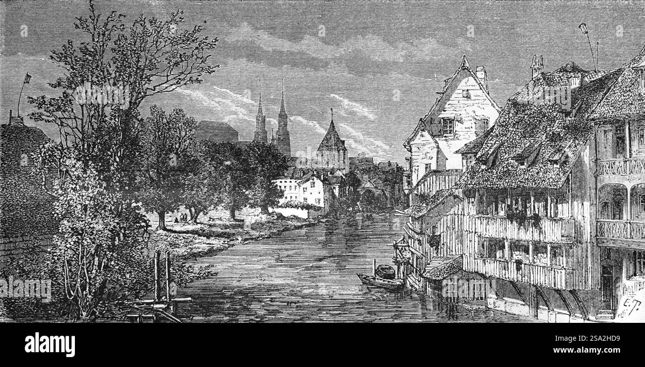 Il fiume Pegnitz scorre attraverso la città vecchia, la città vecchia o il quartiere storico di Norimberga, Baviera, Germania. Incisione vintage o storica o illustrazione 1864 Foto Stock