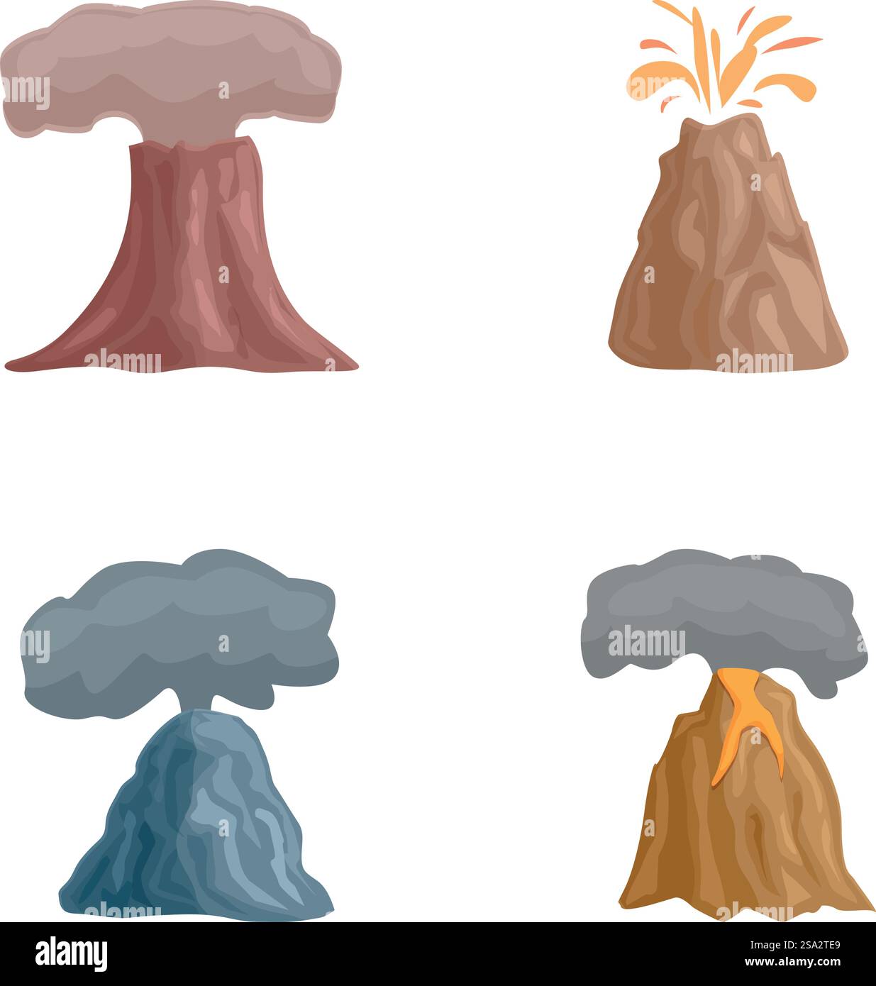 Le icone vulcaniche in eruzione impostano il vettore dei cartoni animati. Eruzione vulcanica con lava in fiamme. Disastro naturale. Le icone vulcaniche in eruzione impostano il vettore dei cartoni animati. Eruzione vulcanica con lava in fiamme Illustrazione Vettoriale