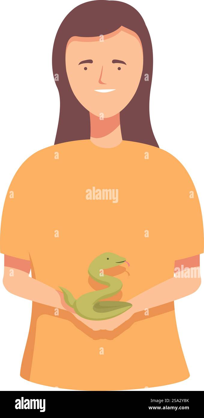 Illustrazione vettoriale di una donna sorridente con una camicia gialla che regge delicatamente un grazioso serpente verde. Donna che tiene in mano un'illustrazione di serpente verde Illustrazione Vettoriale
