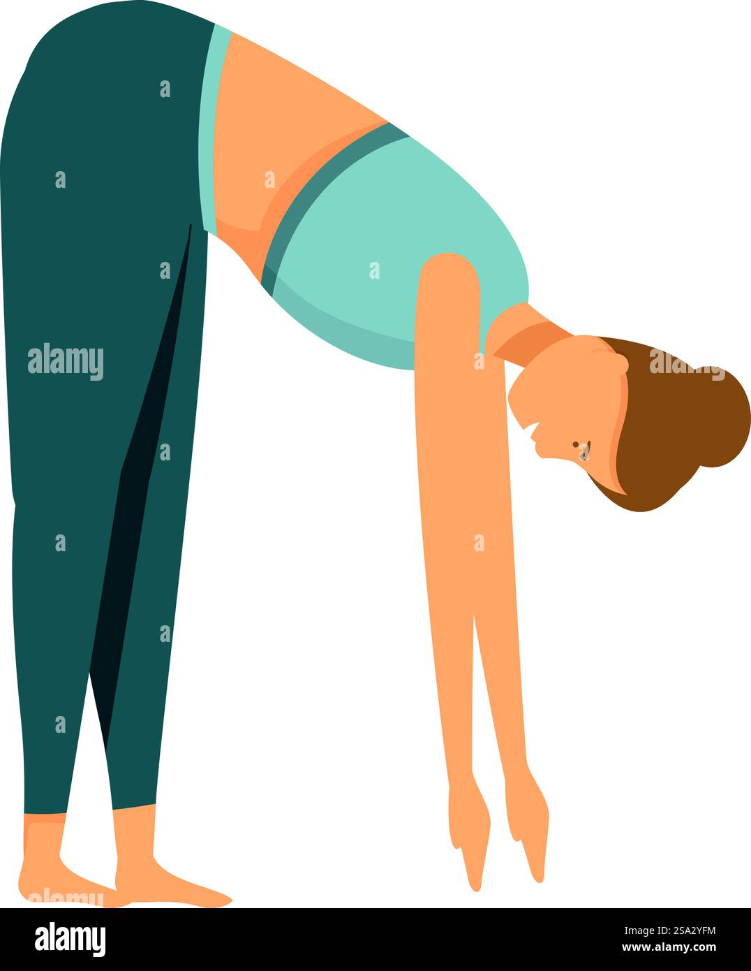 Illustrazione di una donna che fa una curva in avanti in piedi, una posa yoga per la flessibilità. Donna che pratica lo stretching in avanti Illustrazione Vettoriale