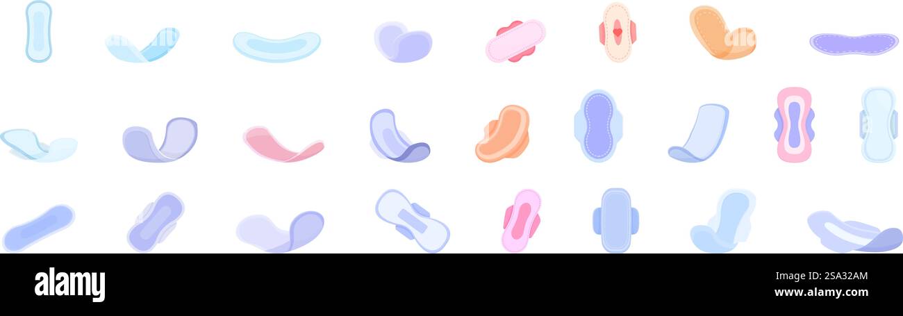 Le icone dei tovaglioli sanitari impostano il vettore dei cartoni animati. Confezione femminile. Confezione protettiva. Le icone dei tovaglioli sanitari impostano il vettore dei cartoni animati. Confezione femminile Illustrazione Vettoriale