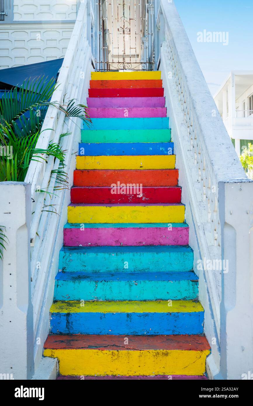 Scale caraibiche, architettura e colori arcobaleno vivaci nell'isola di Saint Martin (Sint Maarten), Indie occidentali Foto Stock
