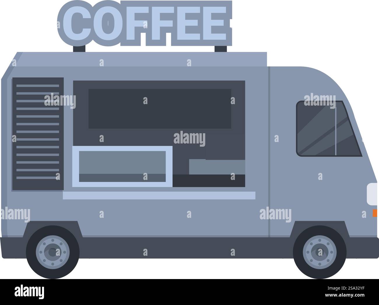 Design vettoriale illustrato di un moderno camion del caffè mobile che distribuisce caffè espresso e altre bevande, perfetto per eventi di strada e servizi di catering all'aperto. Design piatto vettoriale di un veicolo per caffè mobile, perfetto per i concetti di servizio alimentare Illustrazione Vettoriale