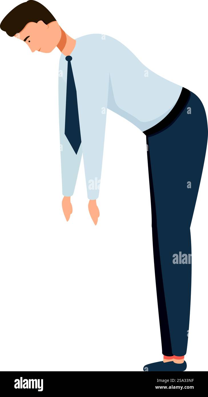 Illustrazione di un uomo d'affari stanco o in lutto che si piega in avanti con una maglietta e una cravatta blu. Uomo d'affari in posa di stanchezza o dolore Illustrazione Vettoriale