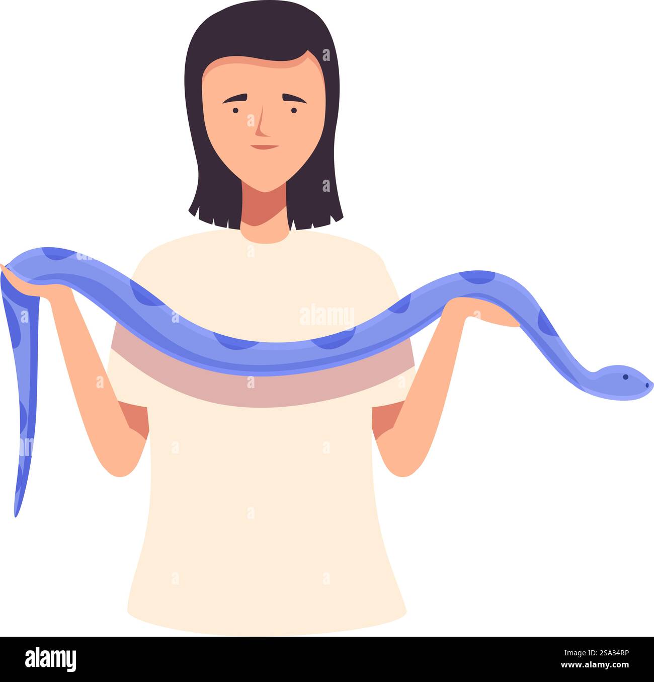 Immagine serena di una donna dei cartoni animati che tiene con cura un lungo serpente blu. Donna con un'illustrazione di serpente blu Illustrazione Vettoriale