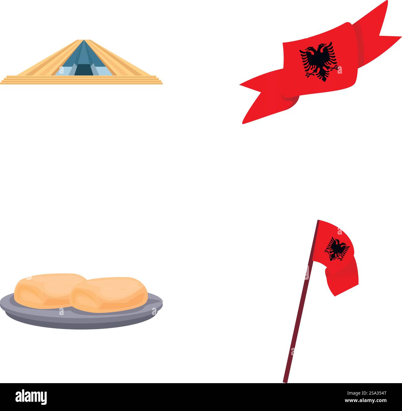 Le icone albanesi impostano il vettore dei cartoni animati. Vari simboli dell'albania. Paese europeo. Le icone albanesi impostano il vettore dei cartoni animati. Vari simboli dell'albania Illustrazione Vettoriale