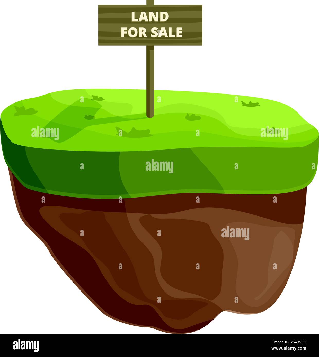 Grafica vettoriale di un segmento di terreno verde con un cartello di terreno in vendita, ideale per temi immobiliari. Illustrazione di un terreno cartoni animati in vendita Illustrazione Vettoriale